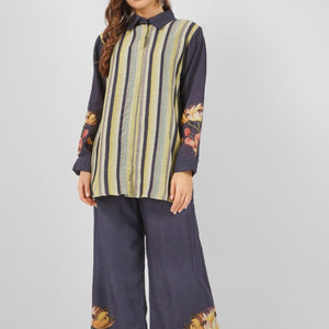Navy Blue Linen Printed Indo Western Coord Set  with Embroidery Touching