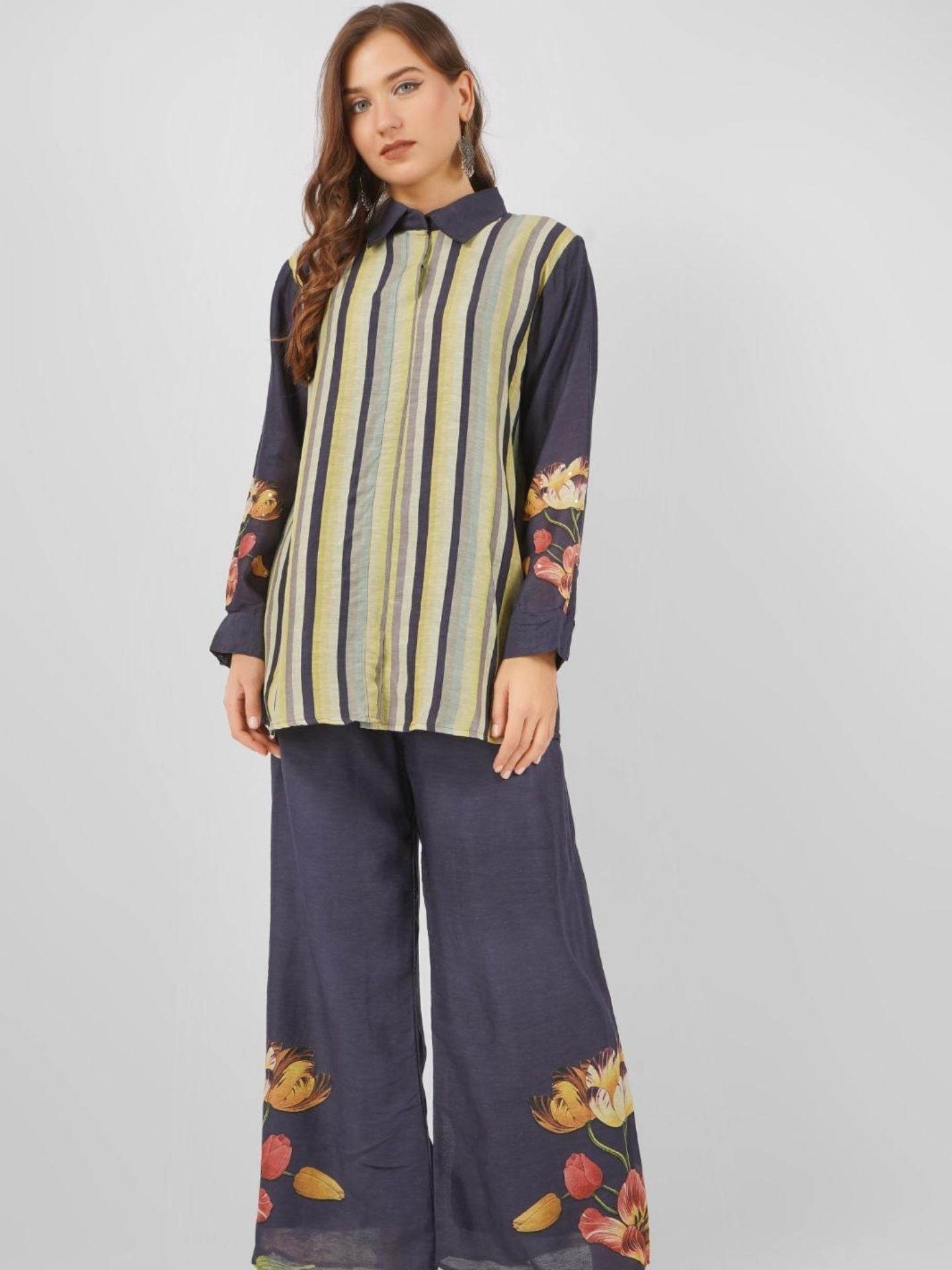 Navy Blue Linen Printed Indo Western with Embroidery Touching