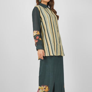 Green Linen Printed Indo Western Coord Set with Embroidery Touching