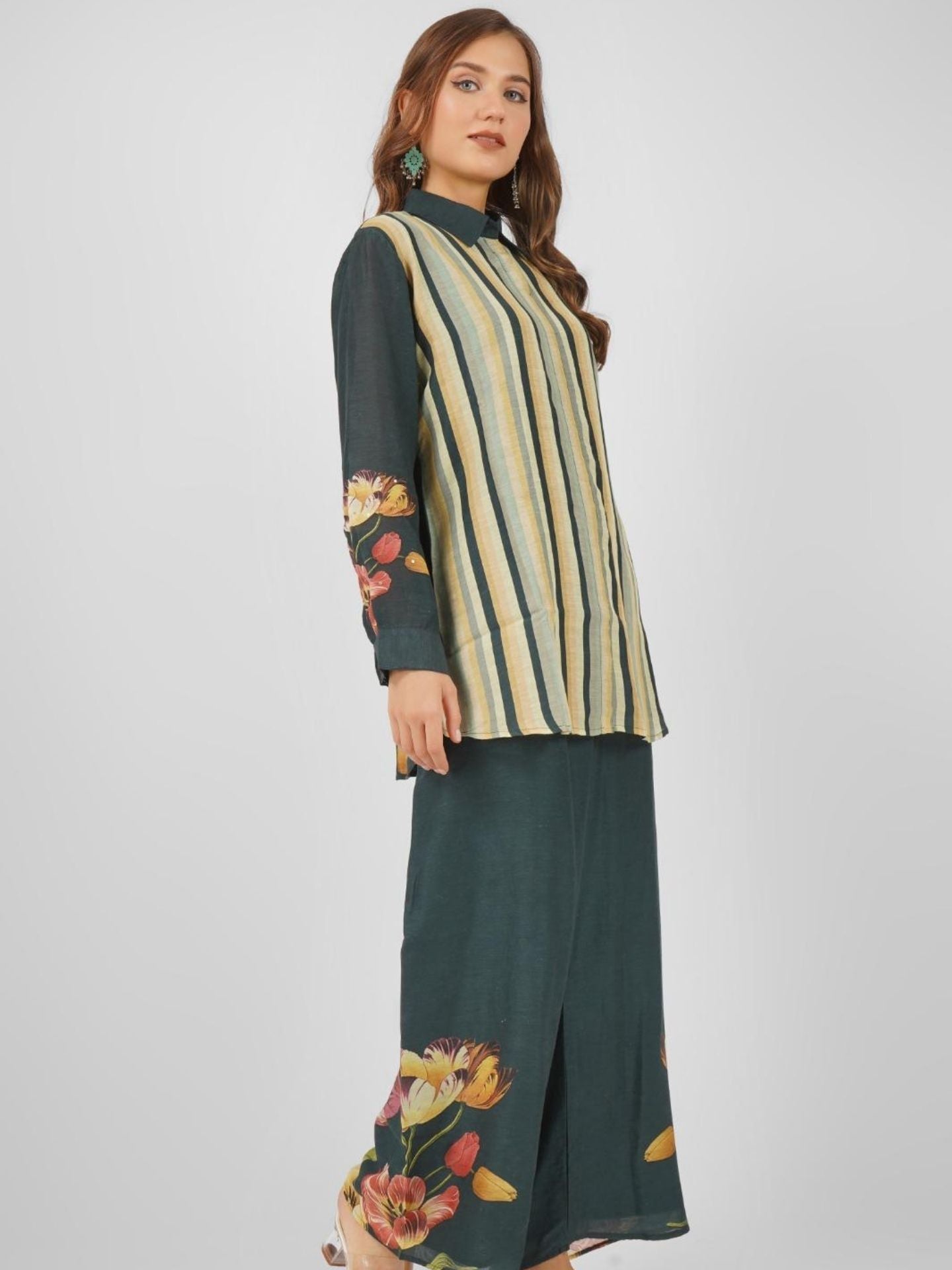 Green Linen Printed Indo Western with Embroidery Touching
