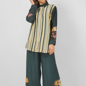 Green Linen Printed Indo Western Coord Set with Embroidery Touching