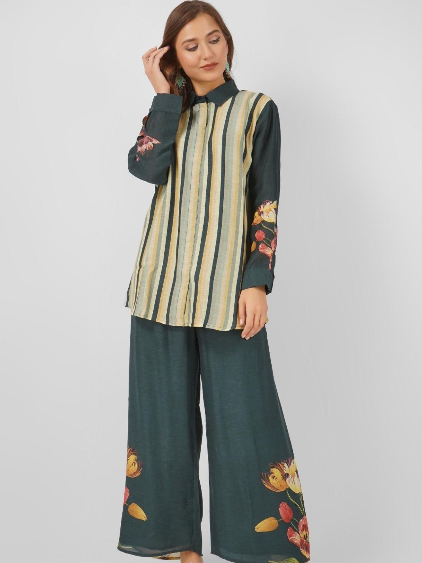 Green Linen Printed Indo Western with Embroidery Touching