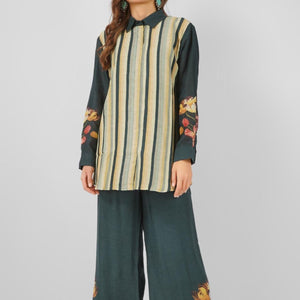 Green Linen Printed Indo Western Coord Set with Embroidery Touching
