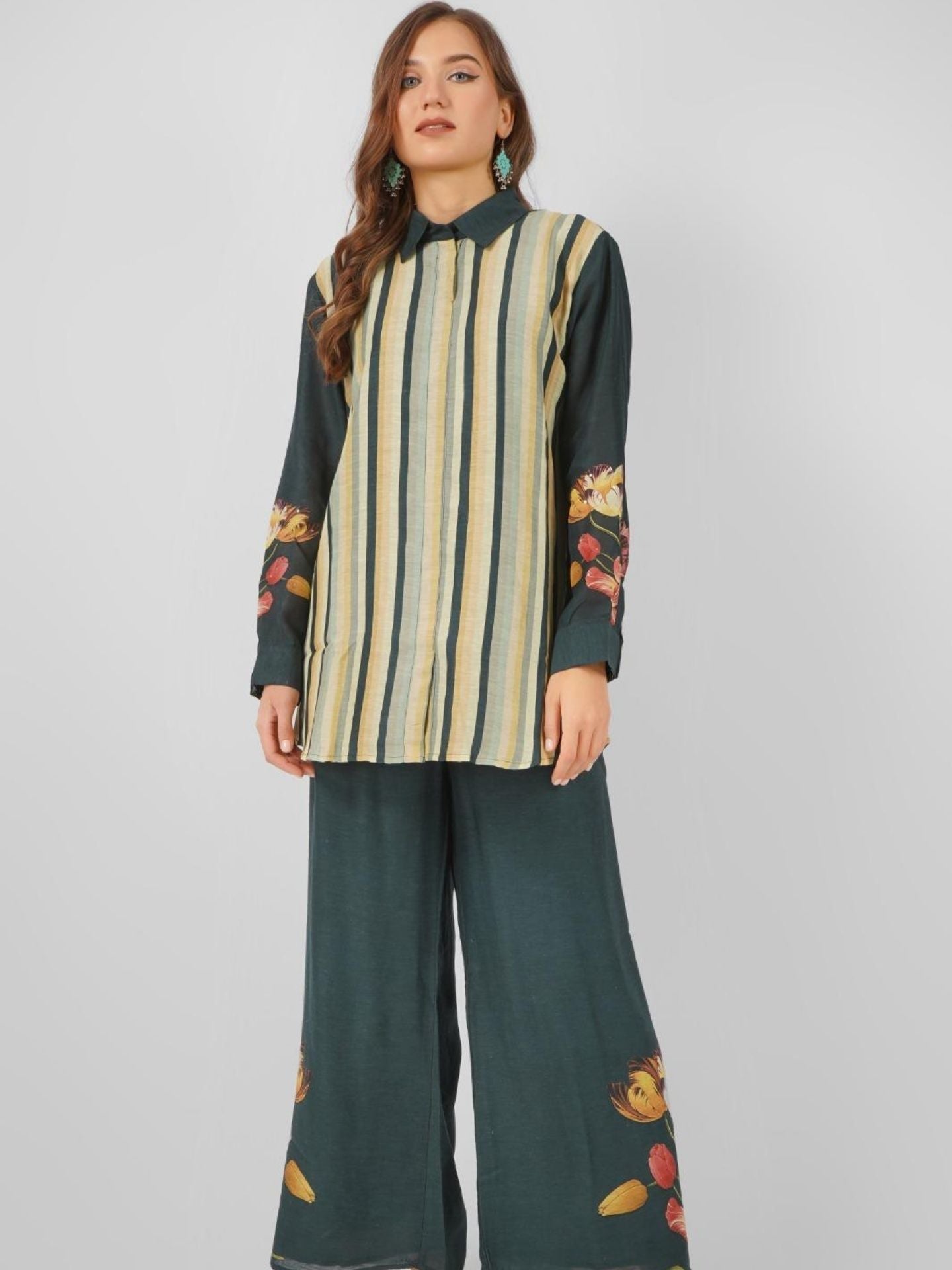 Green Linen Printed Indo Western with Embroidery Touching