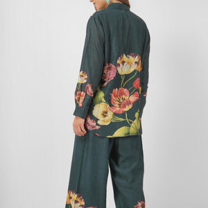 Green Linen Printed Indo Western Coord Set with Embroidery Touching