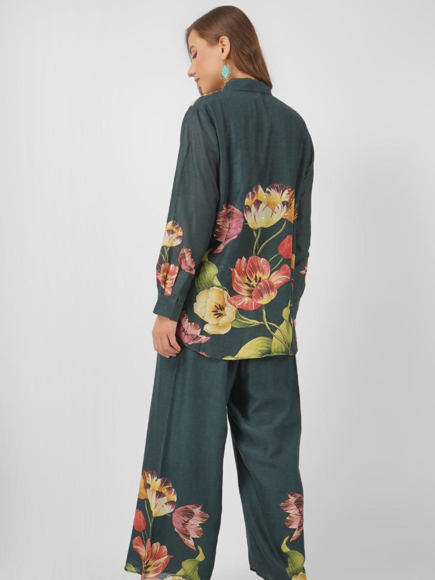 Green Linen Printed Indo Western with Embroidery Touching