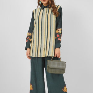 Green Linen Printed Indo Western Coord Set with Embroidery Touching
