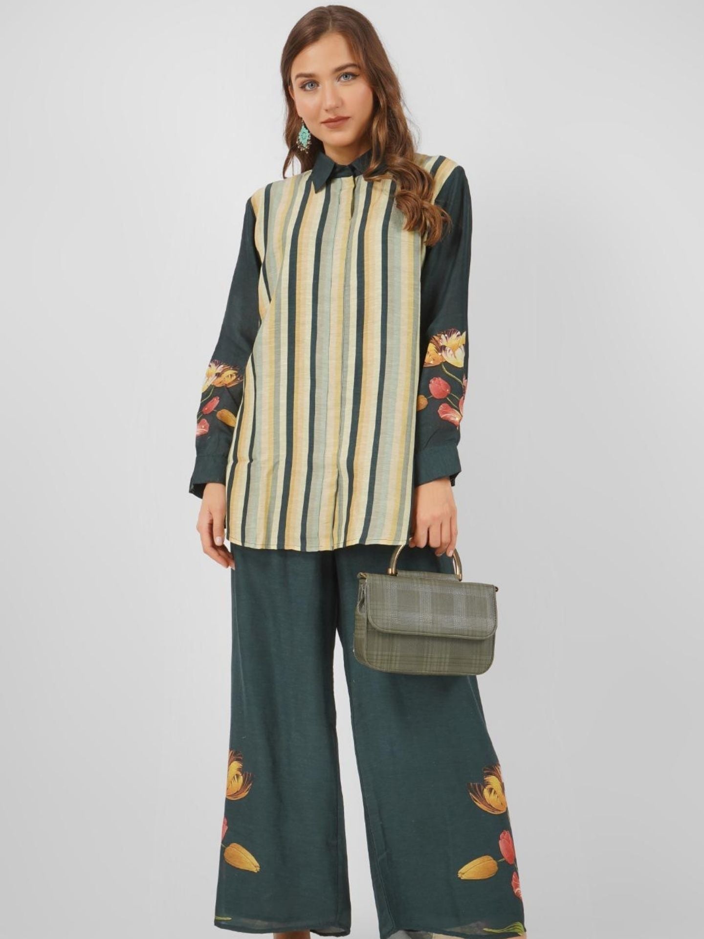 Green Linen Printed Indo Western with Embroidery Touching