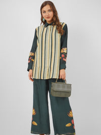 Green Linen Printed Indo Western Coord Set with Embroidery Touching