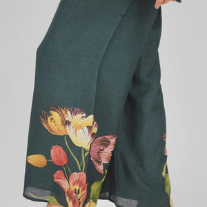 Green Linen Printed Indo Western Coord Set with Embroidery Touching