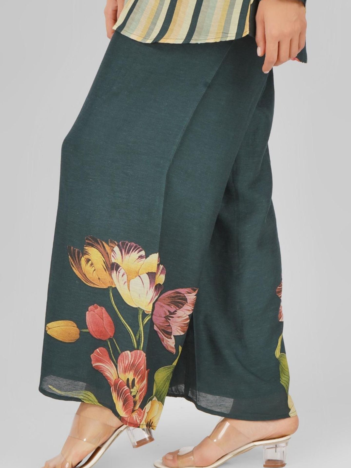 Green Linen Printed Indo Western with Embroidery Touching
