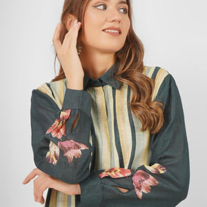 Green Linen Printed Indo Western Coord Set with Embroidery Touching