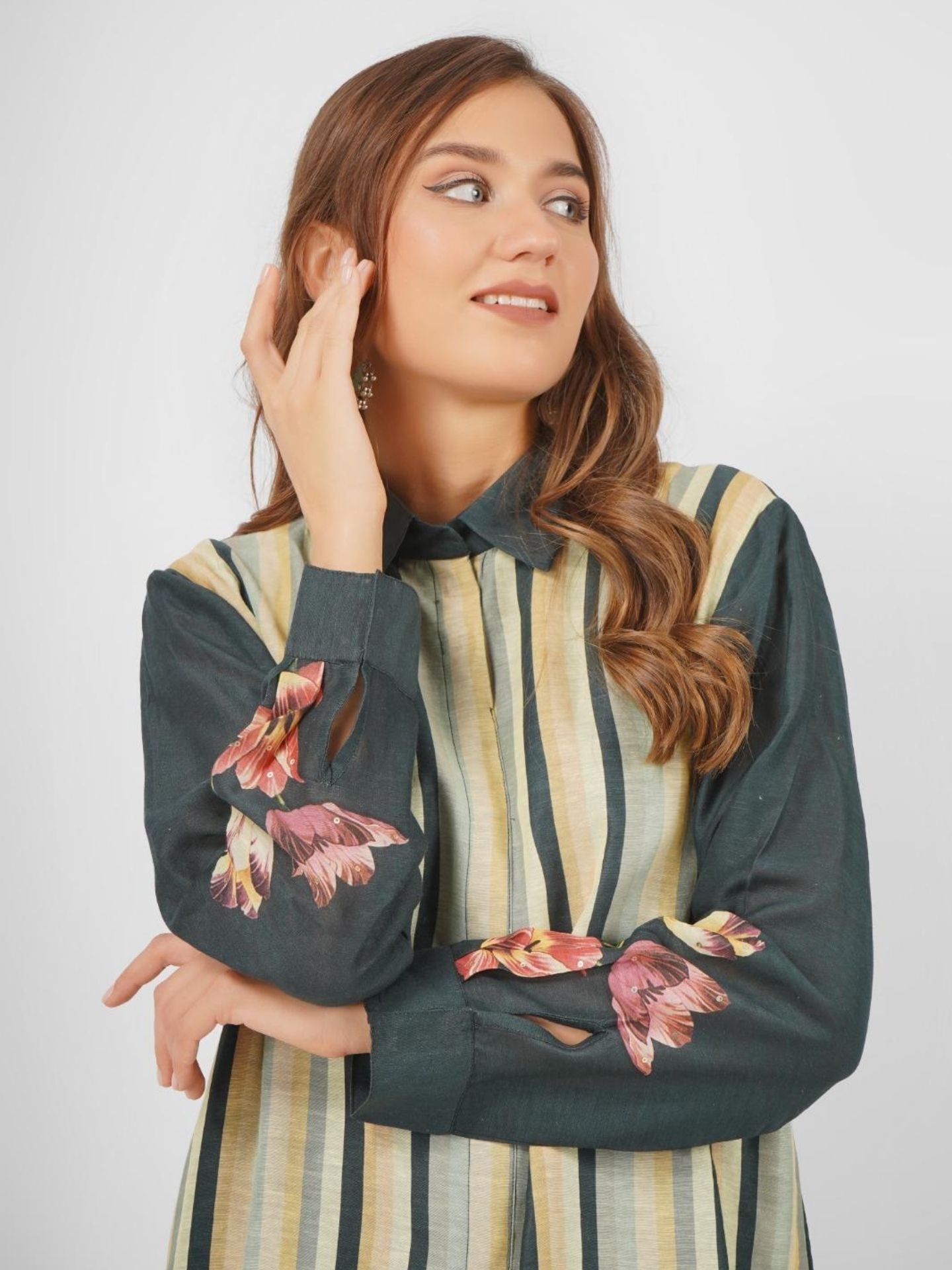 Green Linen Printed Indo Western with Embroidery Touching