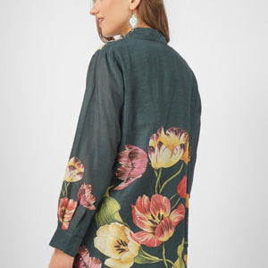 Green Linen Printed Indo Western Coord Set with Embroidery Touching