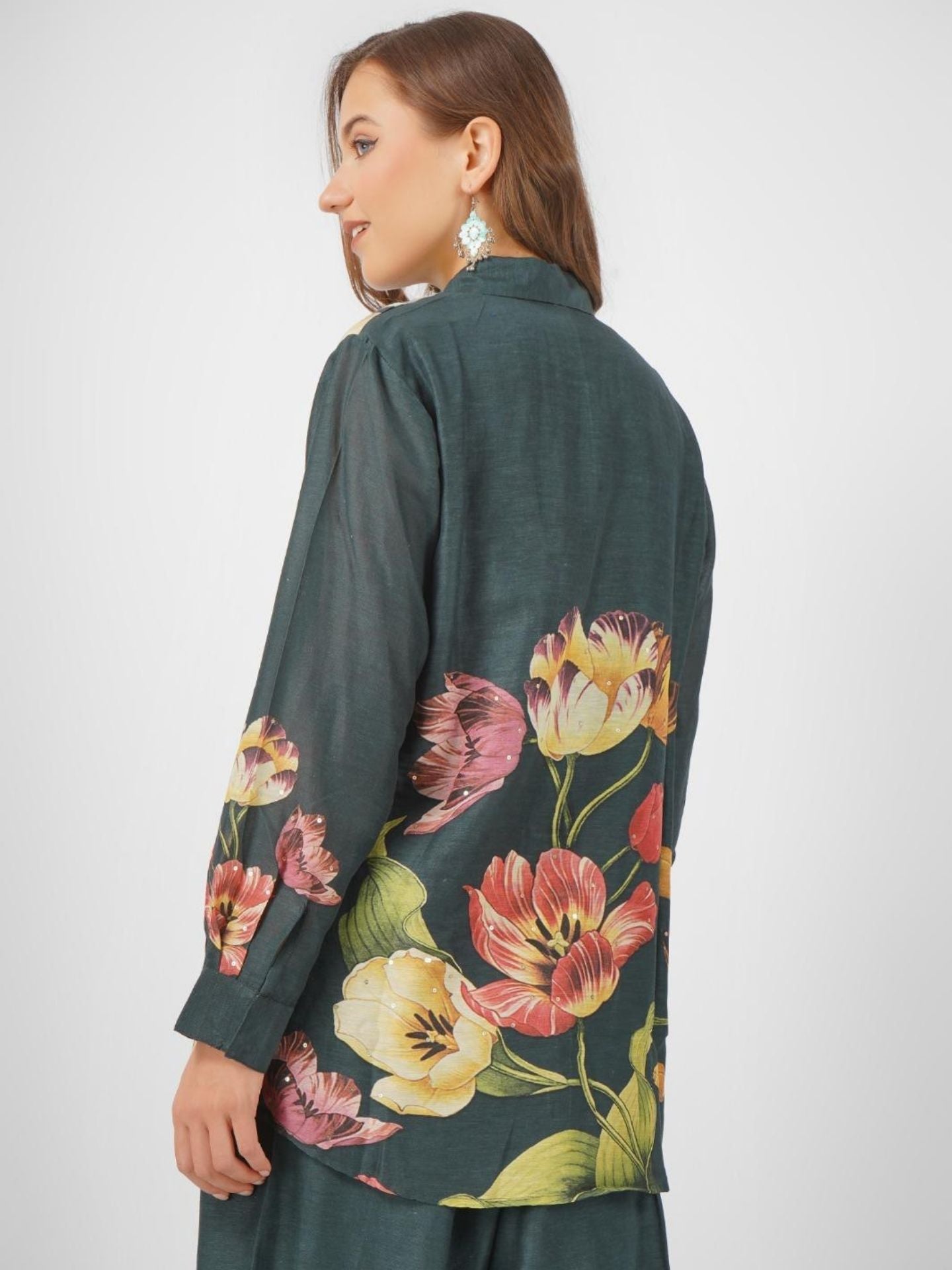 Green Linen Printed Indo Western with Embroidery Touching
