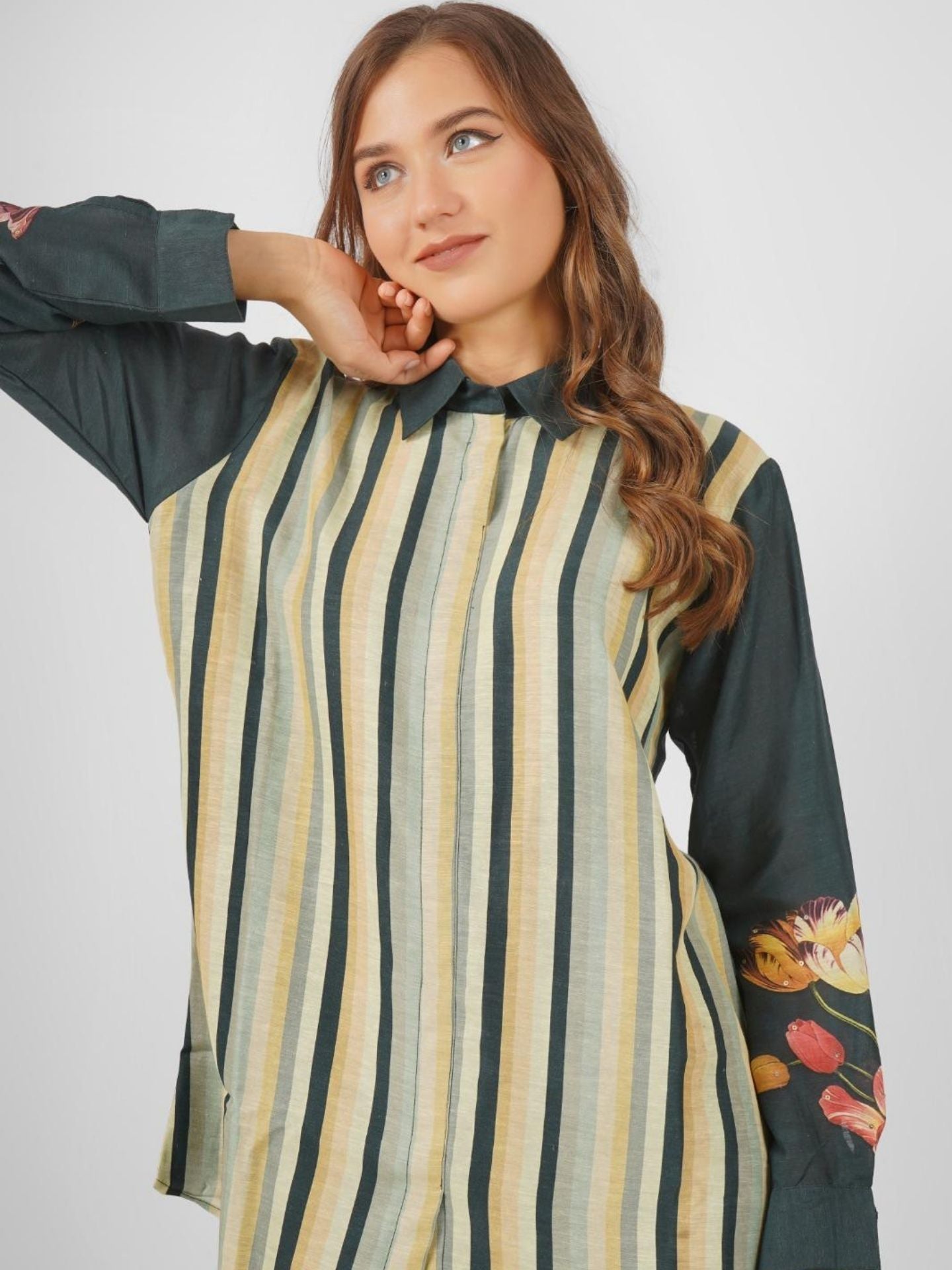 Green Linen Printed Indo Western with Embroidery Touching