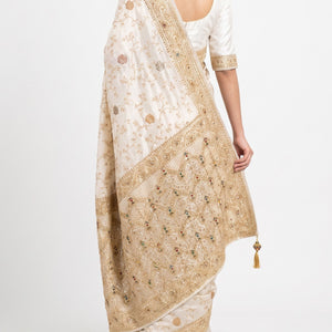 Ivory Silk Unstitched Saree Embellished With Sequins, Cutdana, Zarkan, Dabka & Stone Work