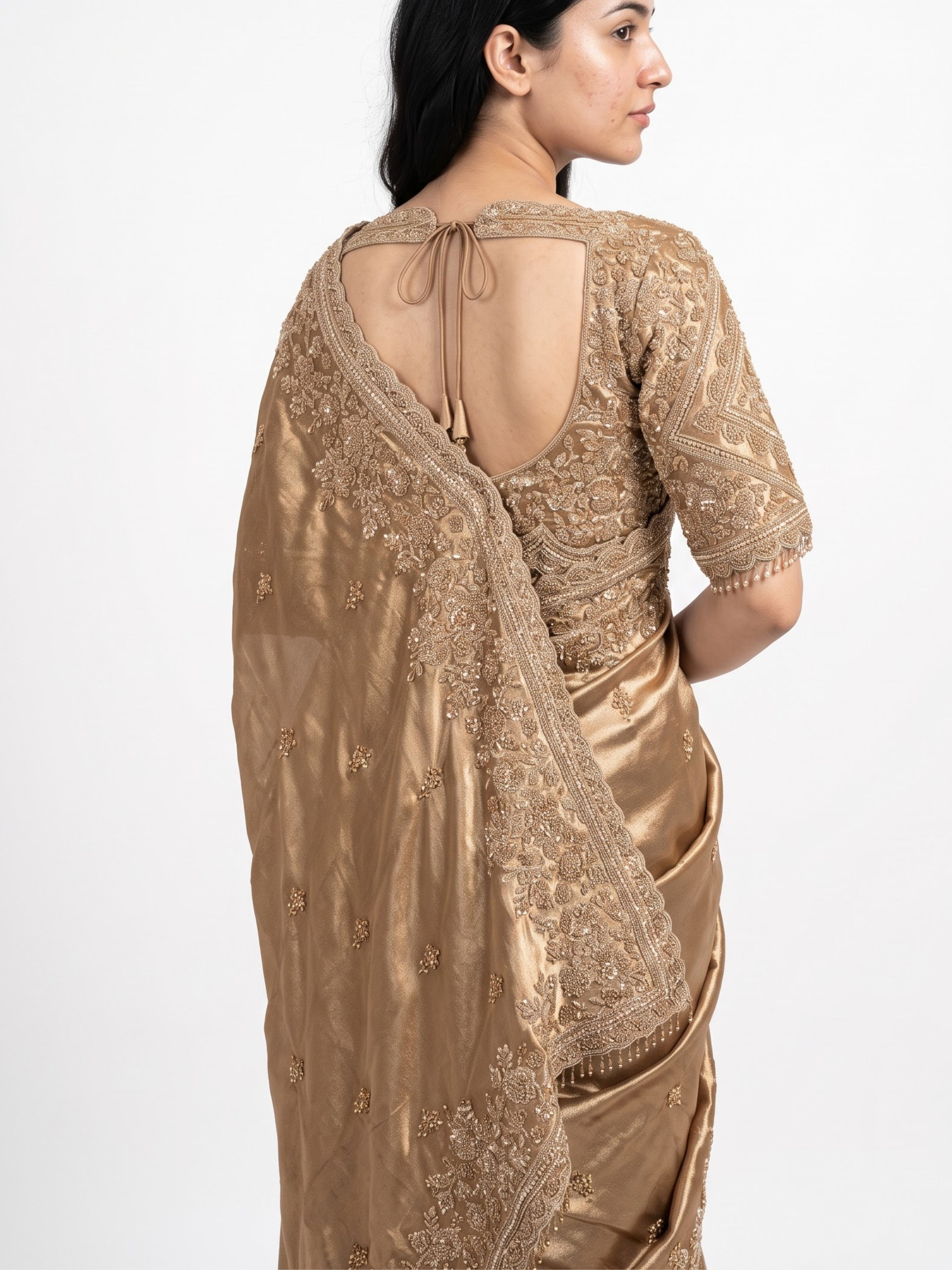 Golden Tissue Saree Embellished With Cutdana, Sequins, Pearl & Zari Work
