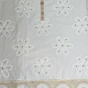 White Mul Cotton Chikankari Fabric Unstitched Suit Lace Mirror Work