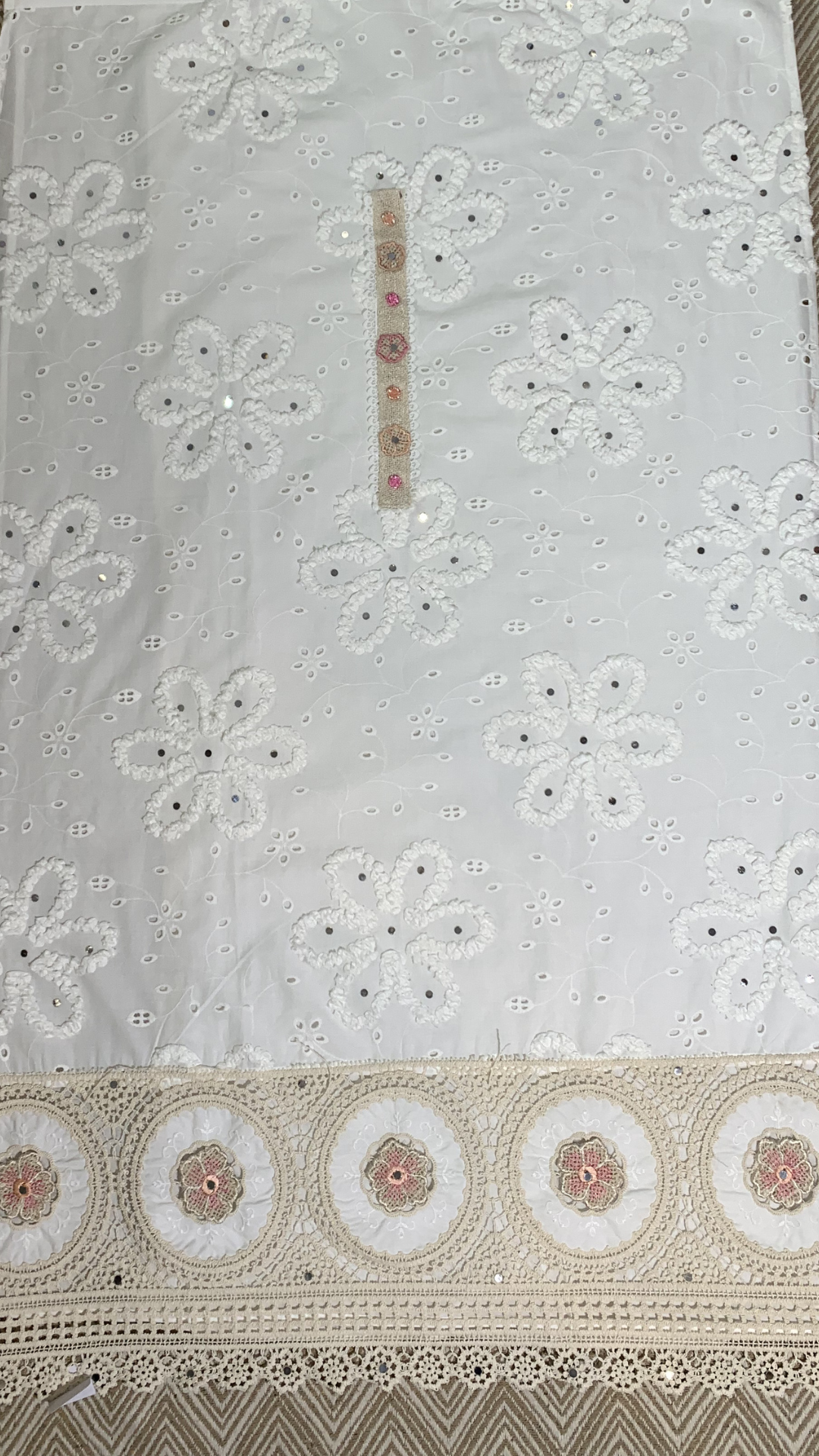 White Mul Cotton Chikankari Fabric Unstitched Suit Lace Mirror Work