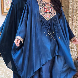 Blue Silk Indowestern Kaaftan and Bottom with Resham Thread and Dabka Work