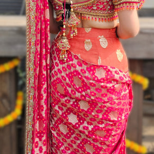 Orange Chinon Banarasi Drape Saree with Cutdana, Sequin, Moti & Dabka Work