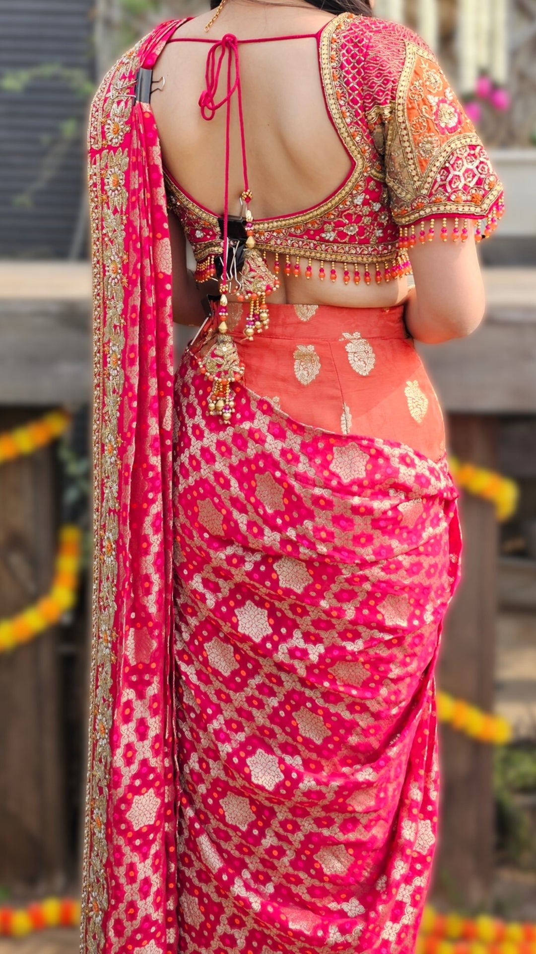 Orange Chinon Banarasi Drape Saree with Cutdana, Sequin, Moti & Dabka Work