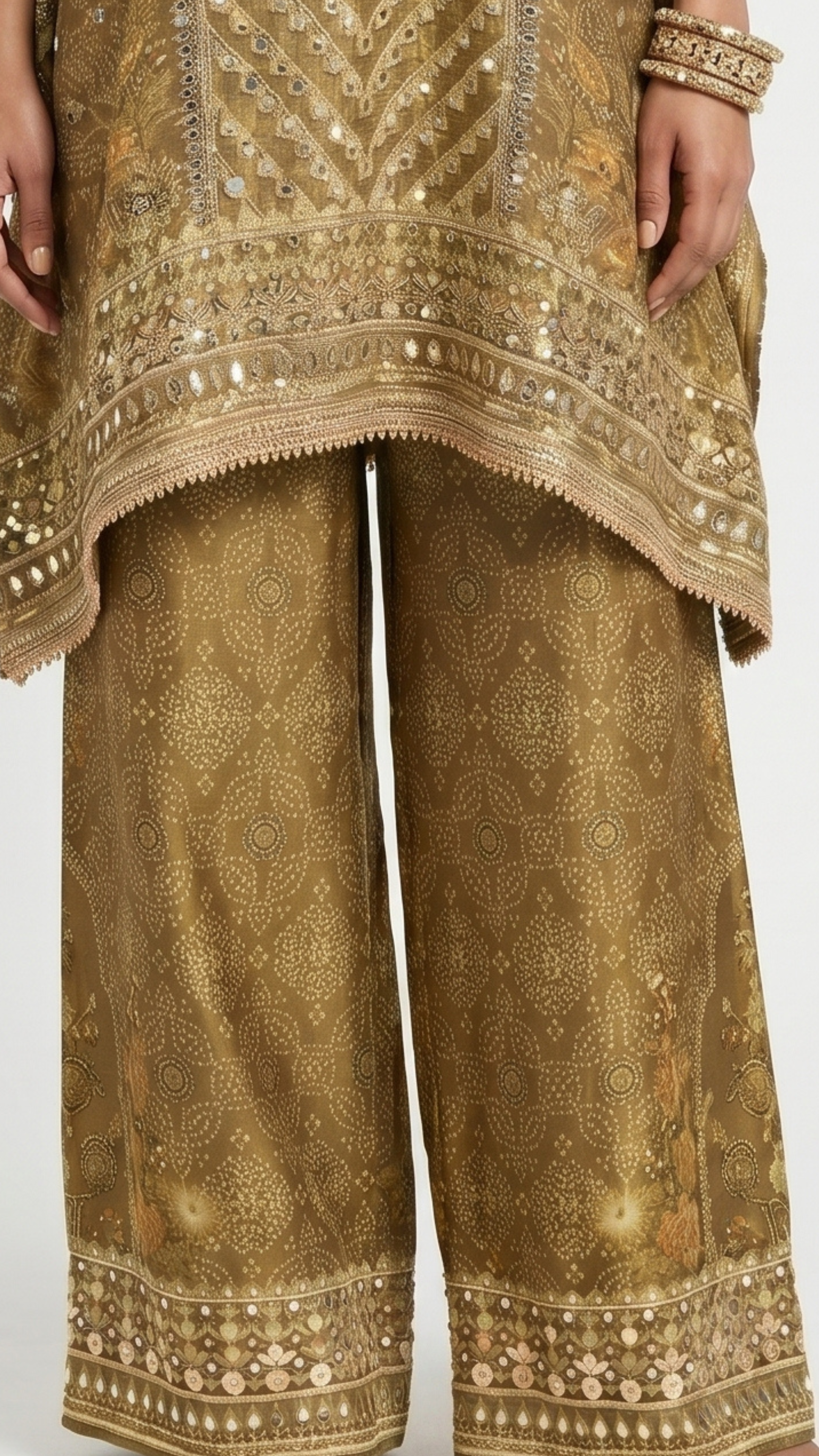 Golden Digital Printed Tissue Kaftan Style Co-ord Set with Gotta Patti & Sequins Work