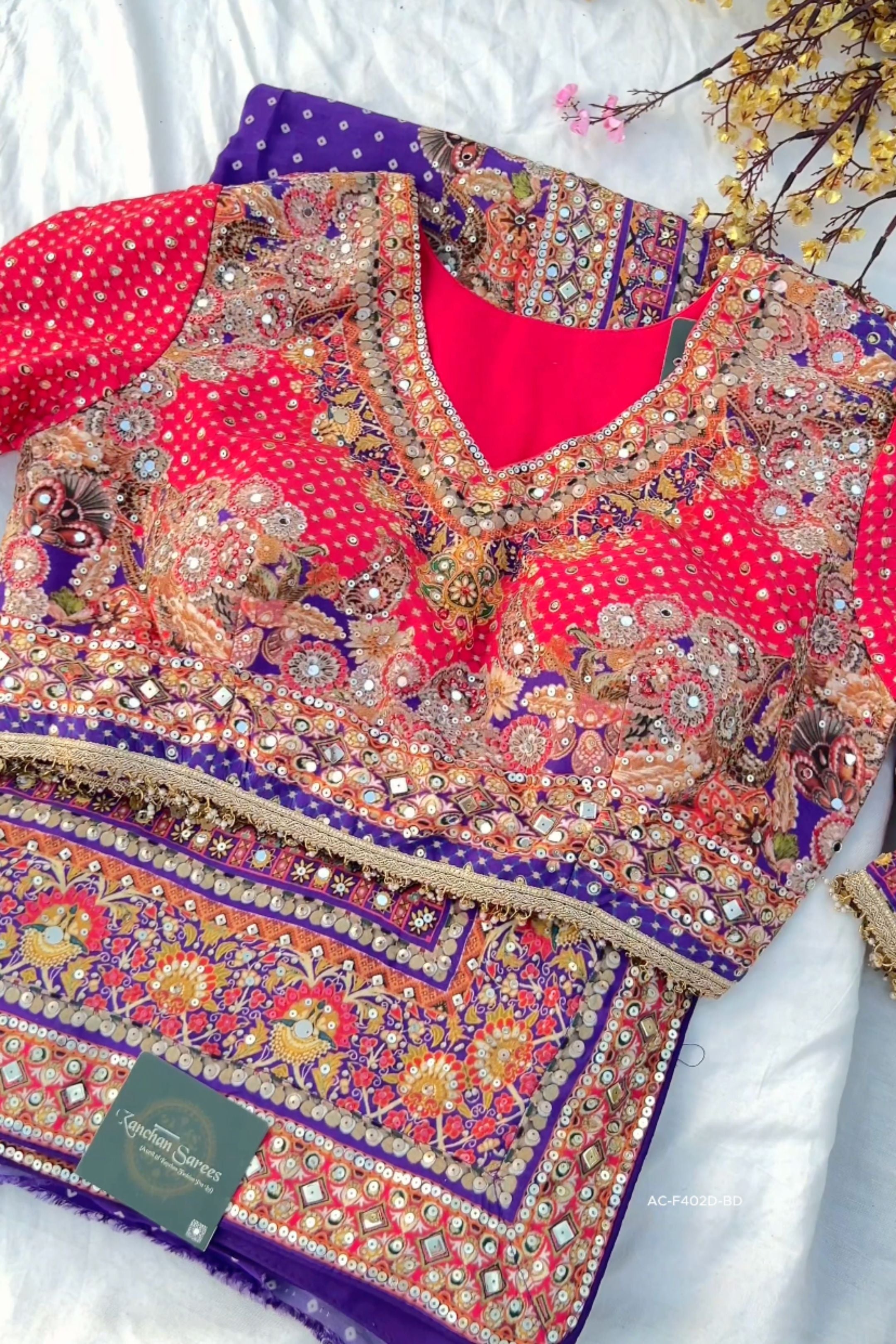 Rani Crepe Saree Embellished With Sequins & Mirror Work