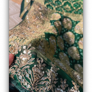 Green Pure Georgette Bandhej Unstitched Saree with Gota, Dabka & Dori Work