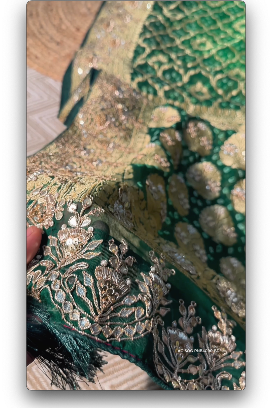 Green Pure Georgette Bandhej Unstitched Saree with Gota, Dabka & Dori Work