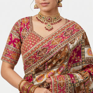Maroon & Pink Banarasi Silk Saree with Heavy Zari and Sequins Work