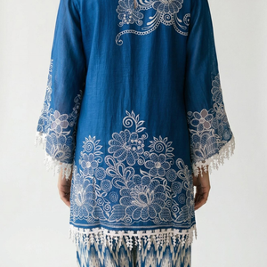Blue Handloom Cotton Coord Set with Moti, Sequin & Lace Detailing