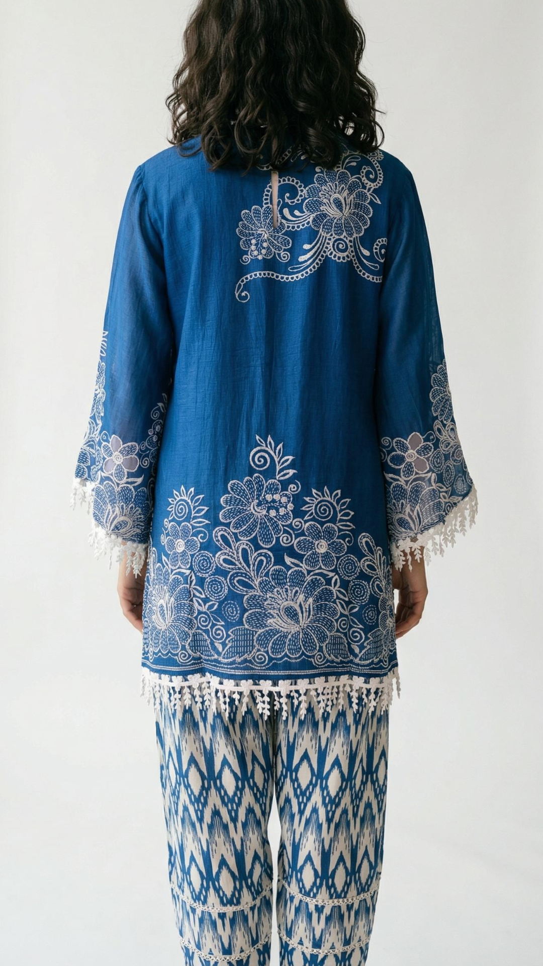 Blue Handloom Cotton Coord Set with Moti, Sequin & Lace Detailing