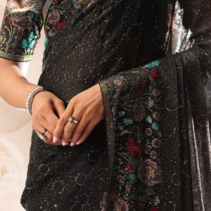 Black Satin Organza Saree with Swarovski Work