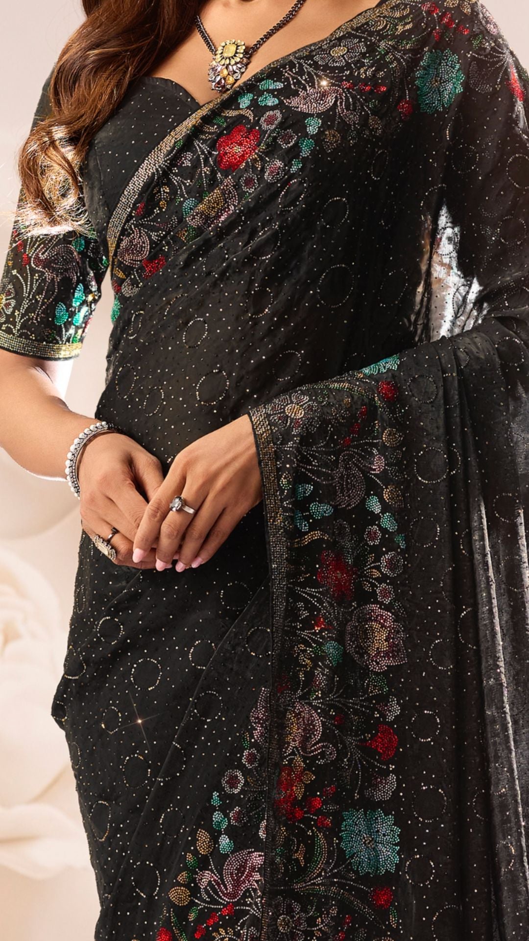 Black Satin Organza Saree with Swarovski Work