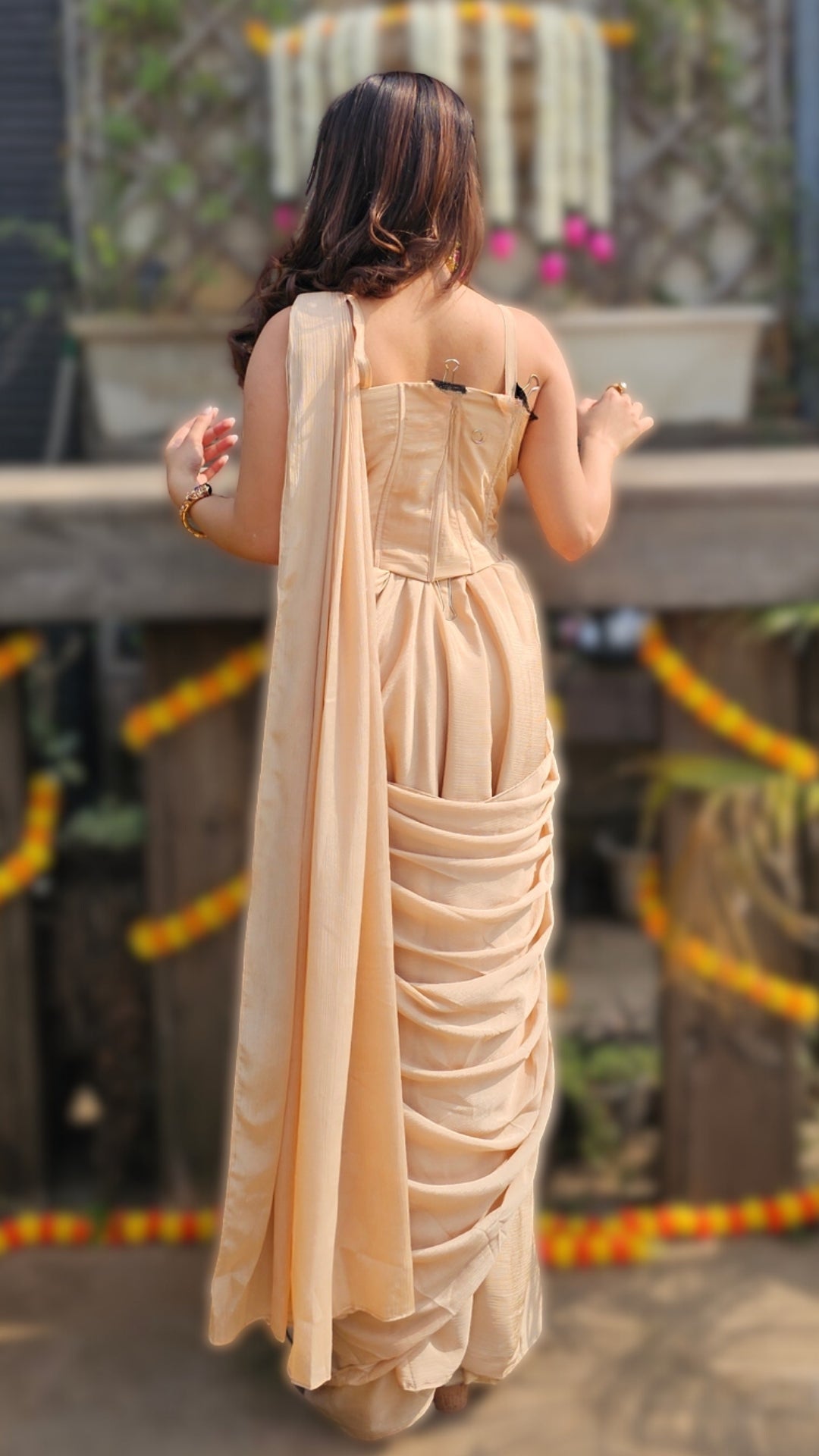 Beige Chinon Drape Saree with Kundan & Cutdana Work