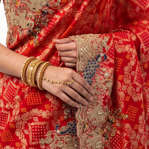 Red Silk Saree Embellished With Sequins, Zari & Cut Dana Work