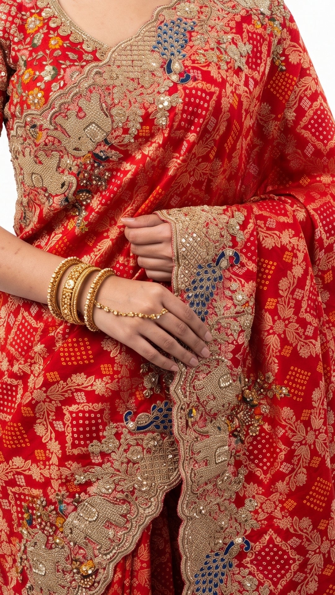 Red Silk Saree Embellished With Sequins, Zari & Cut Dana Work