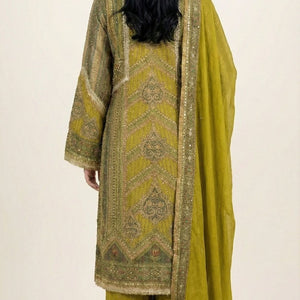 Mehandi Green Wrinkle Tissue Digital Printed Suit with Mirror Detailing and Palazzo