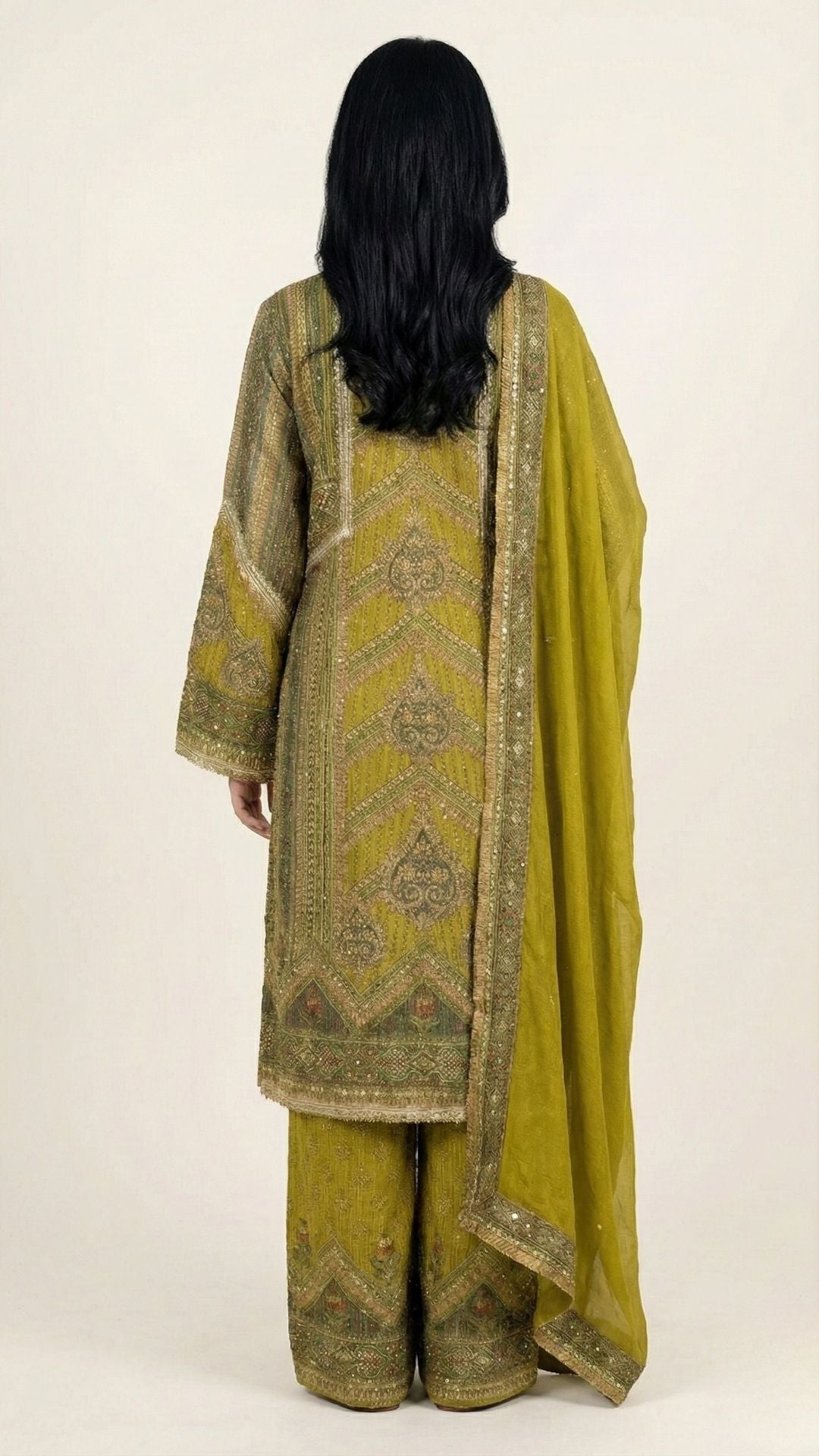 Mehandi Green Wrinkle Tissue Digital Printed Suit with Mirror Detailing and Palazzo