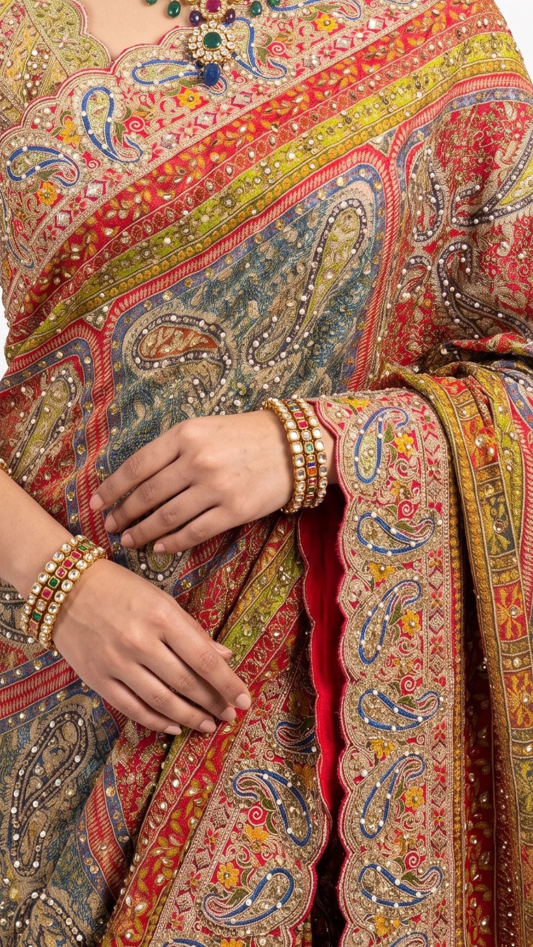 Beautiful Multicolour Tissue Saree Embellished With Kundan, Sequins & Cut Dana Work