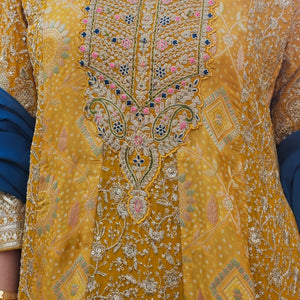 Peacock Blue & Mustard Ombre Georgette Banarasi Zari & Sequin Work