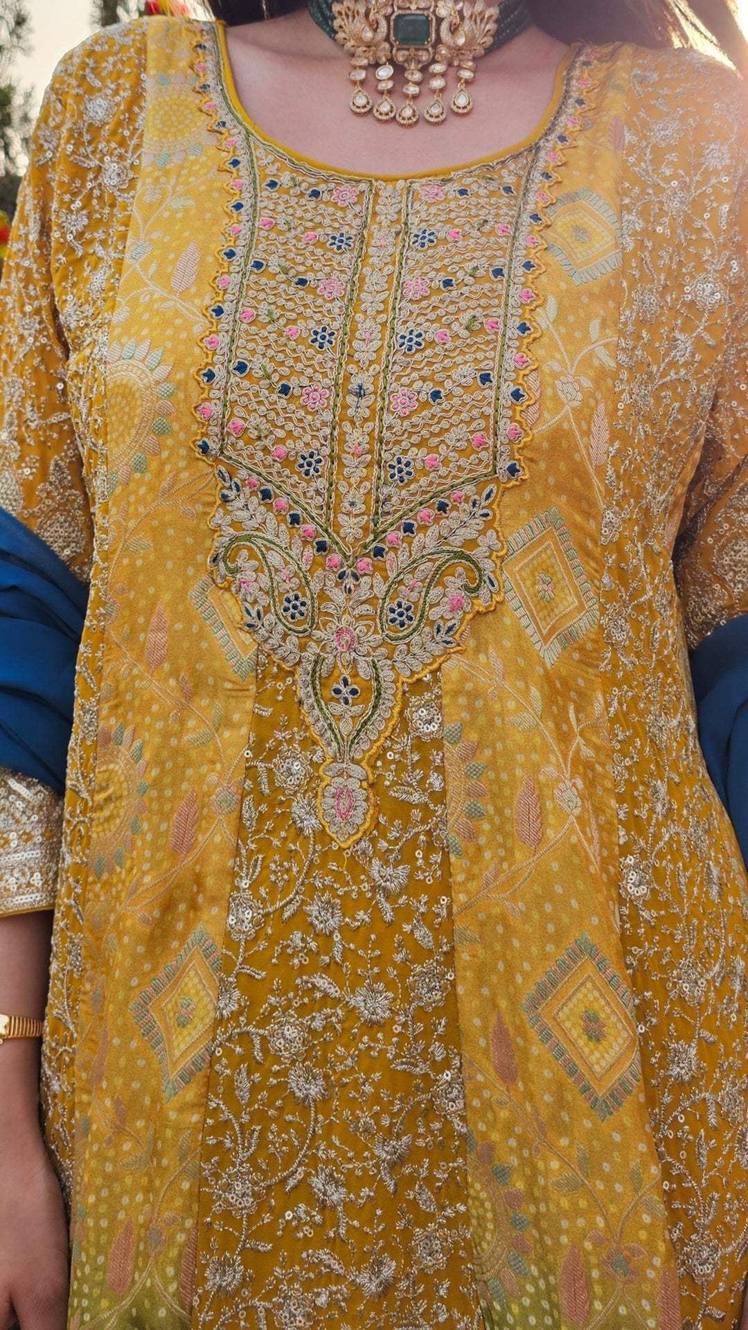 Peacock Blue & Mustard Ombre Georgette Banarasi Zari & Sequin Work