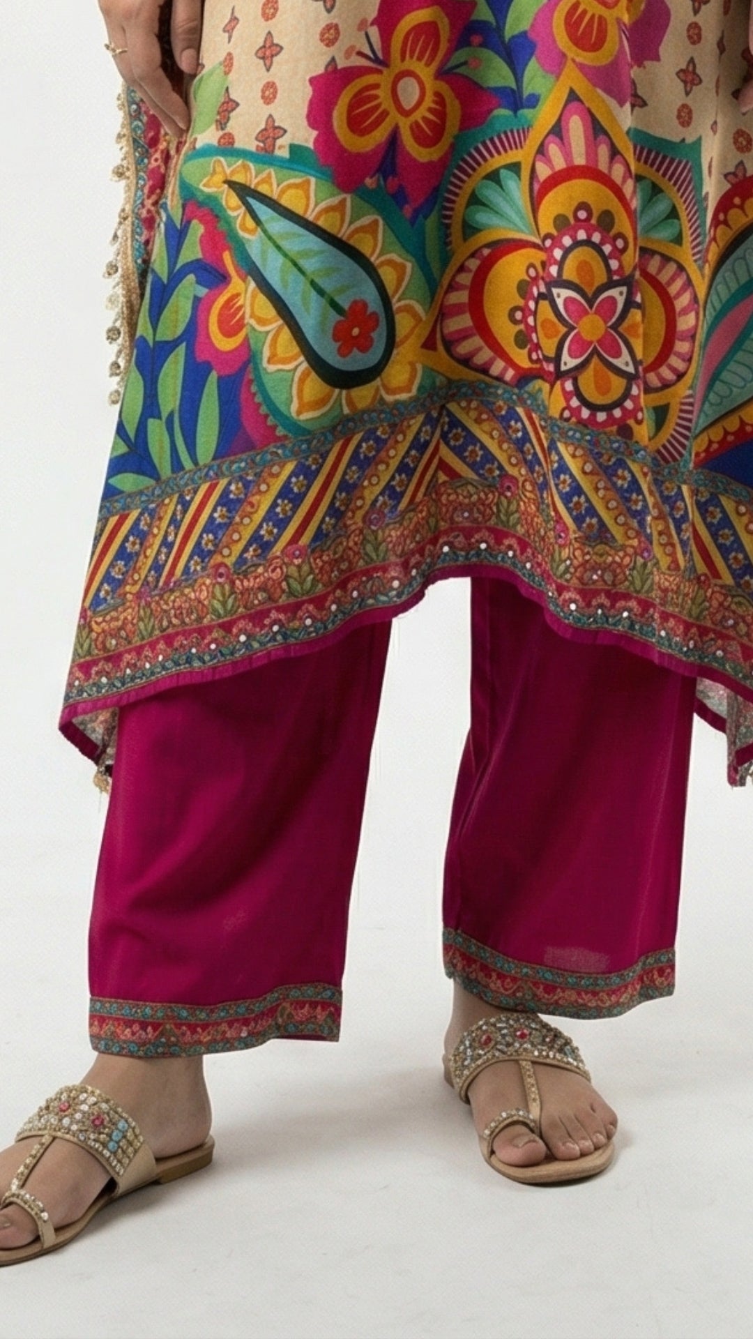 Multicolour Muslin Crepe Coord Set with Digital Print & Mirror Detailing