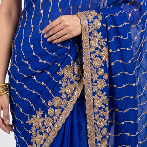 Blue Tissue Unstitched Saree Embellished With Sequins, Cutdana & Zari Work