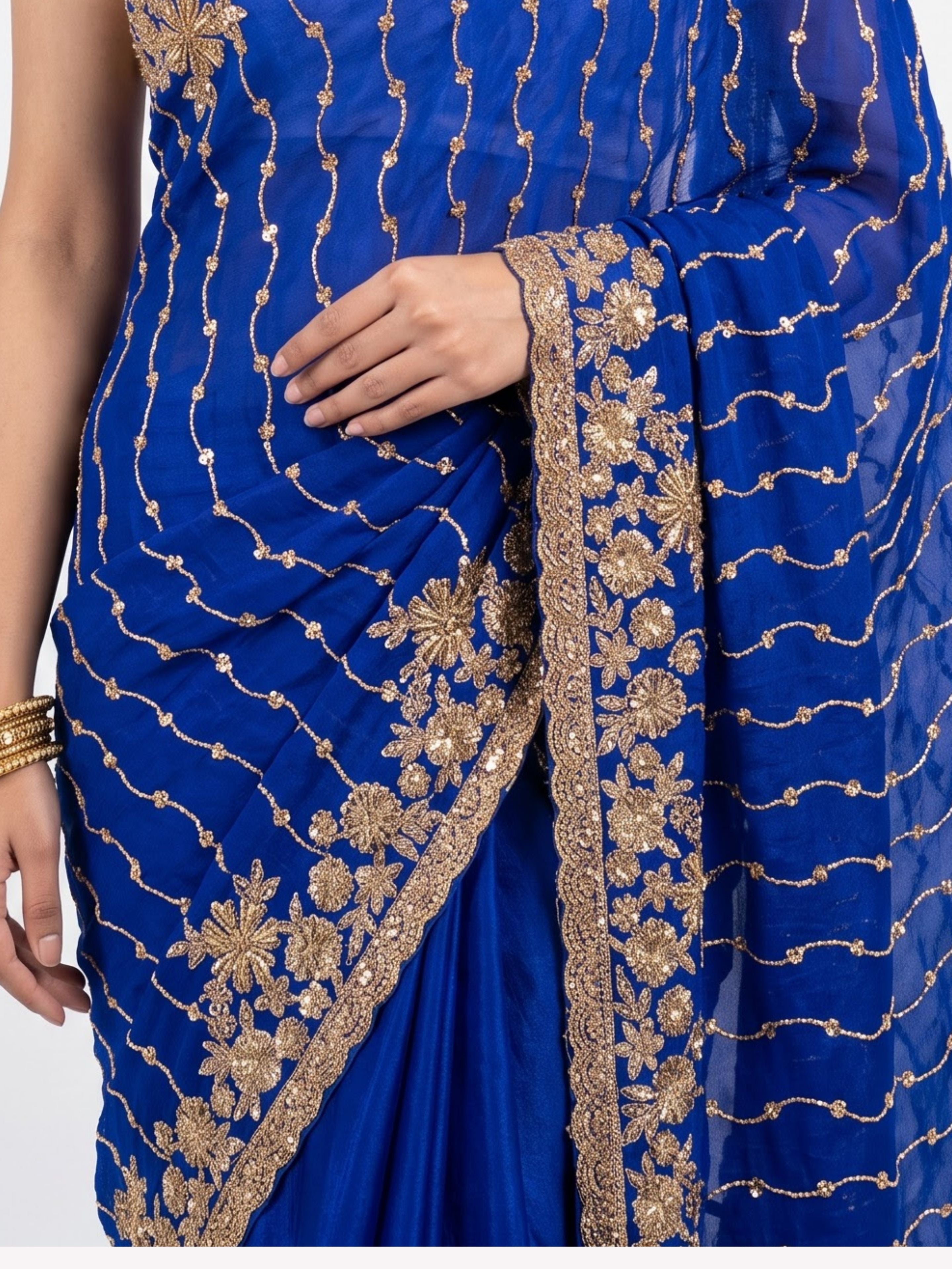 Blue Tissue Unstitched Saree Embellished With Sequins, Cutdana & Zari Work
