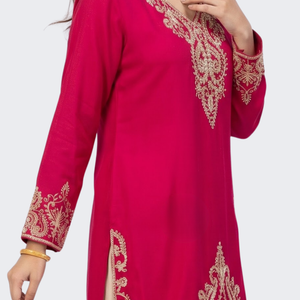 Red Chinon Dhoti Suit Set with Cutdana, Sequins, Pearl and Dabka Embroidery
