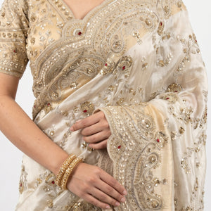 Golden Ivory Tissue Saree with Zari, Cutdana & Sequins Work