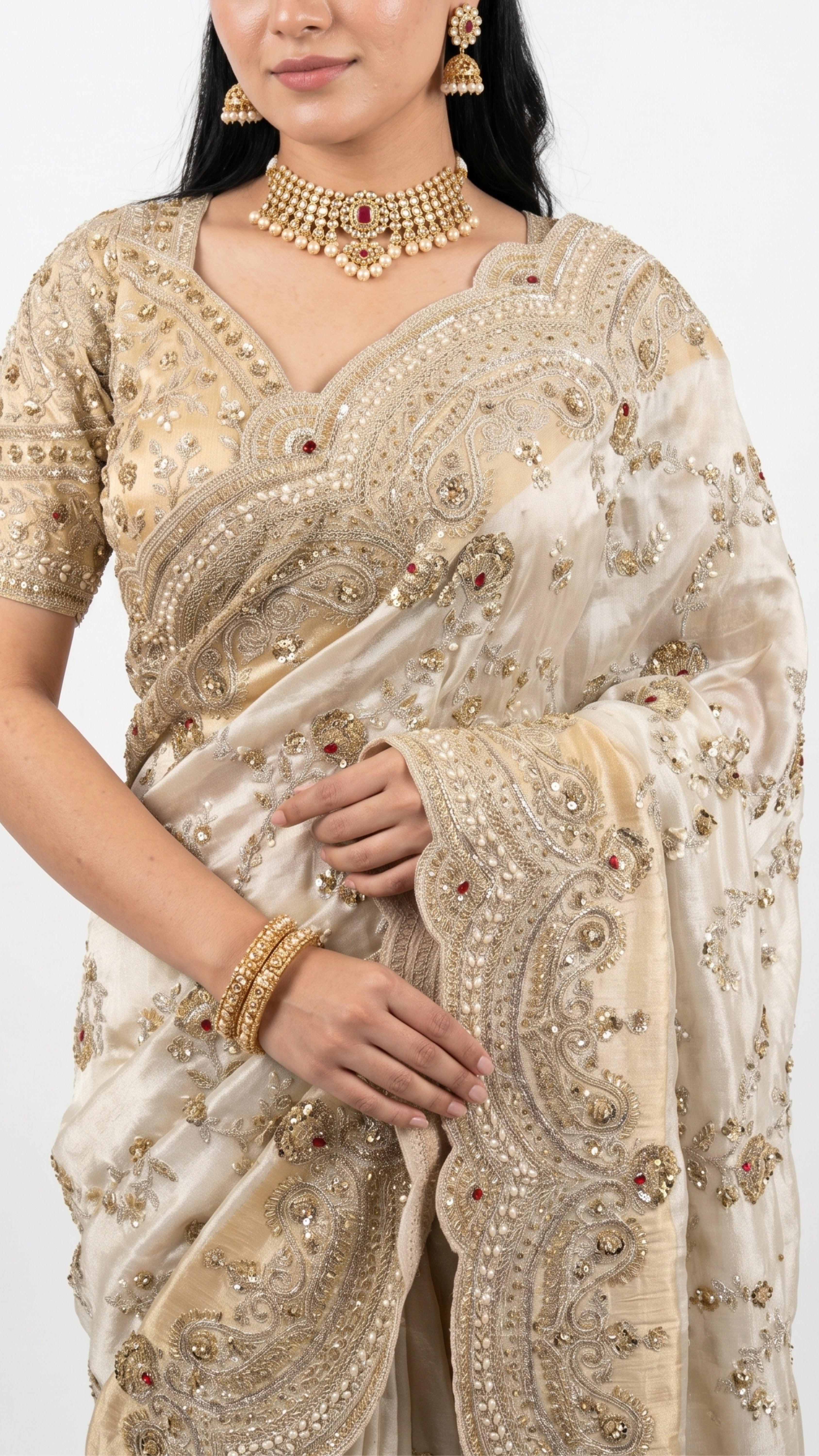 Golden Ivory Tissue Saree with Zari, Cutdana & Sequins Work